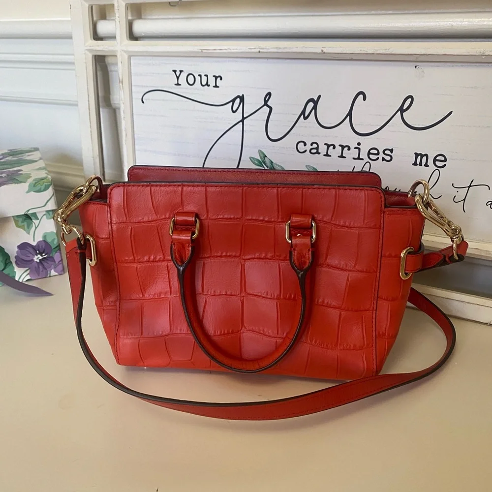 Coach Red Coral Croc-Embossed Leather Bag with Crossbody Strap